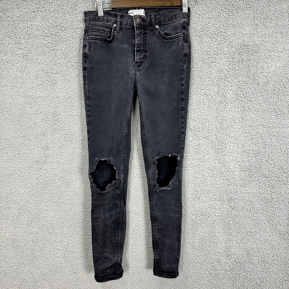Free People Skinny Jeans Womens 27 Black Distressed Moto Boho Biker Grunge Goth - Picture 1 of 6